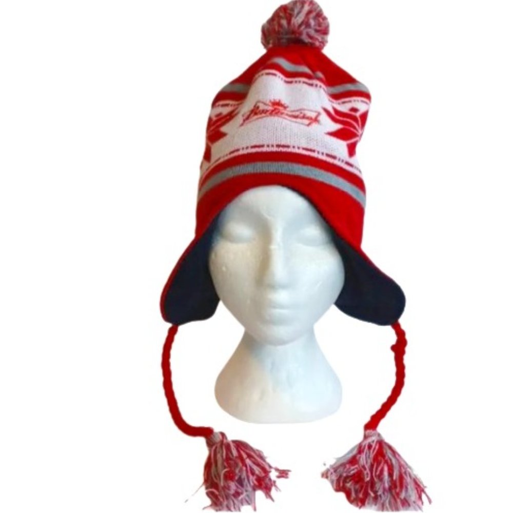 Budweiser Snowflake Pattern Earflap & Tassel Toque Style Hat NEW